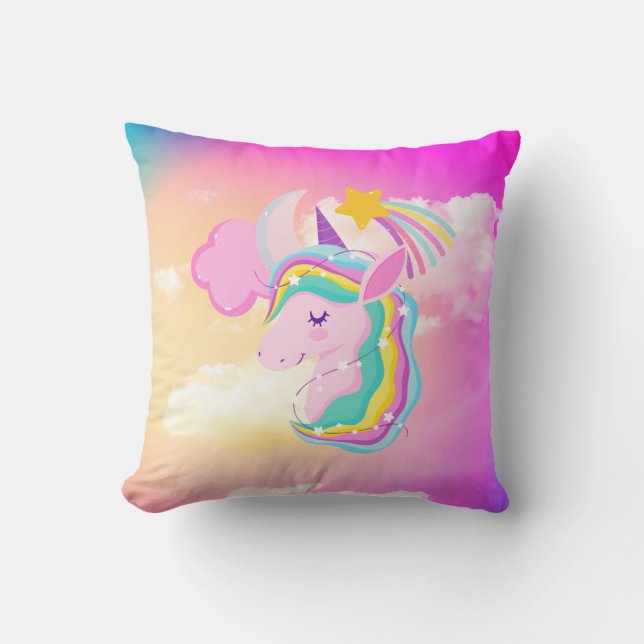 Fushcia Unicorn Rainbow Throw Kissen (Vorderseite)