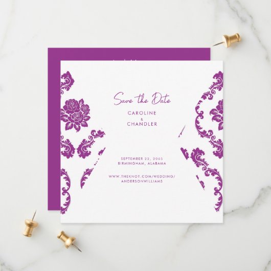 Fushia Damask Foto Hochzeit speichern das Datum Save The Date (Vorderseite/Rückseite Beispiel)