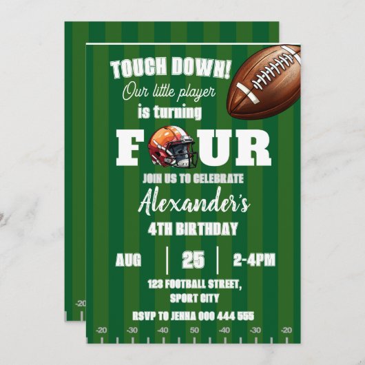 Fußball 4. Geburtstag Amerikanische Touch Einladung (Vorne/Hinten)