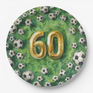 Fußball 60. Geburtstag mit Bällen auf grünem Rasen Pappteller