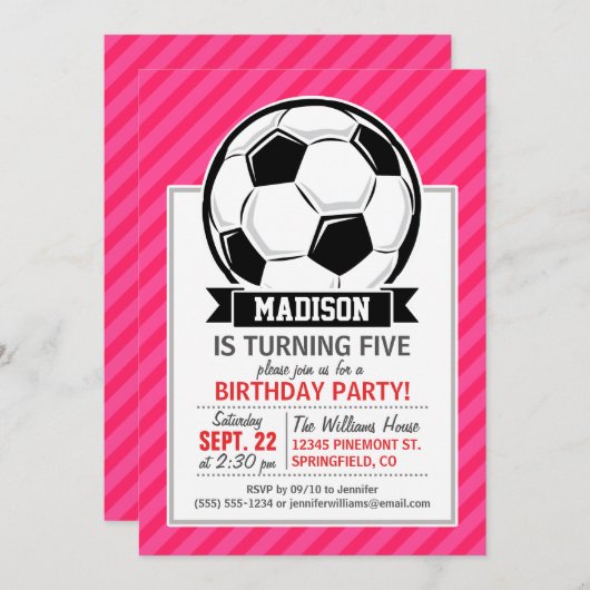 Fußball auf Neon Pink Streifen Einladung (Vorne/Hinten)