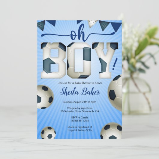 Fußball-Baby-Dusche Einladung - Oh Junge (Stehend Vorderseite)