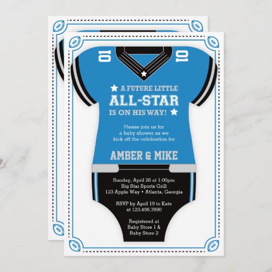 Fußball-Baby-Dusche Einladung, schwarz, blau Einladung (Vorne/Hinten)