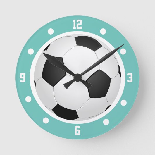 Fußball Ball Aquamarin Blau Schwarz und Weiß Runde Wanduhr (Vorderseite)