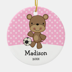 Fußball-Ball-Bärn-Rosa scherzt personalisiertes Keramikornament