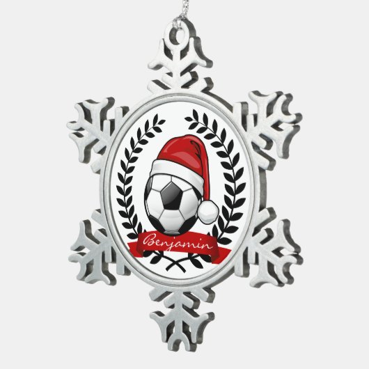 Fußball-Ball, der ein Schneeflocken Zinn-Ornament (Rechts)