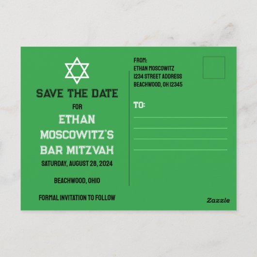 Fußball-Ball im Netz Bar Mitzvah Save the Date Kar Postkarte (Rückseite)