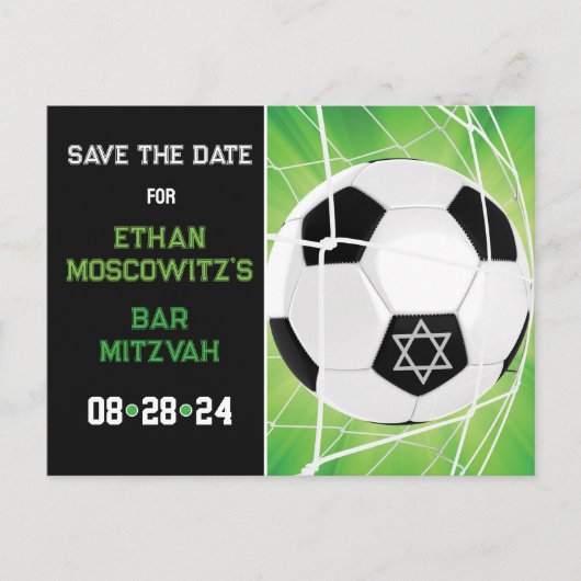 Fußball-Ball im Netz Bar Mitzvah Save the Date Kar Postkarte (Vorderseite)
