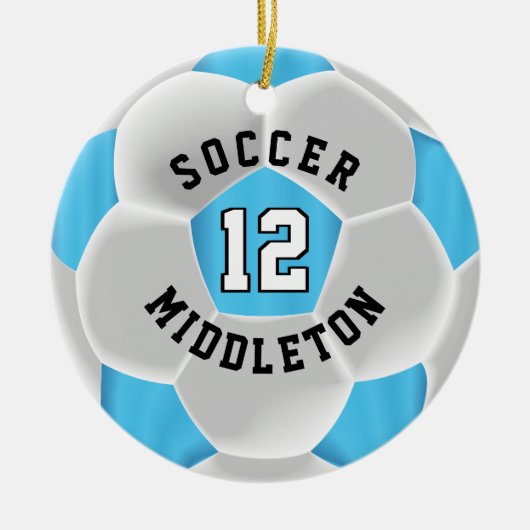 Fußball ⚽ Ball in einem Baby Blue und White Keramik Ornament (Vorne)