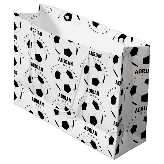 Fußball Ball Personalisiert Name Geburtstag Große Geschenktüte (Vorderseite Schrägansicht)