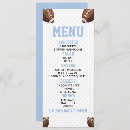 Fußball Ball Sports Blue Baby Dusche Nahrung Menükarte (Vorne/Hinten)