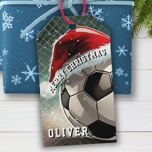 Fußball Ball Weihnachtsmannmütze Frohe Weihnachten Geschenkanhänger