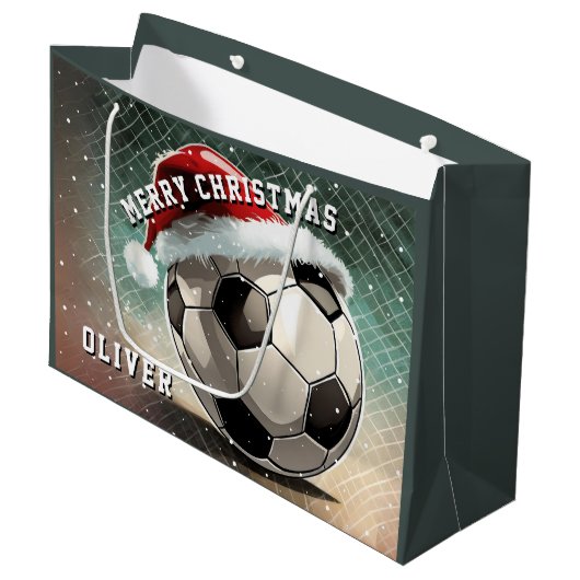 Fußball Ball Weihnachtsmannmütze Frohe Weihnachten Große Geschenktüte (Vorderseite Schrägansicht)