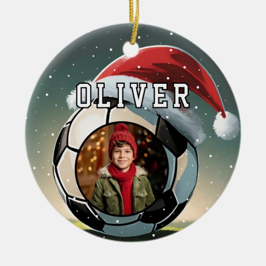 Fußball Ball Weihnachtsmannmütze Weihnachts-Foto Keramik Ornament (Vorne)