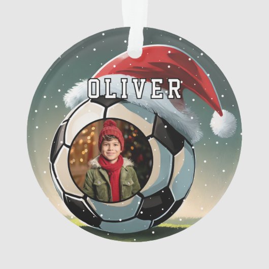 Fußball Ball Weihnachtsmannmütze Weihnachts-Foto Ornament (Rückseite)