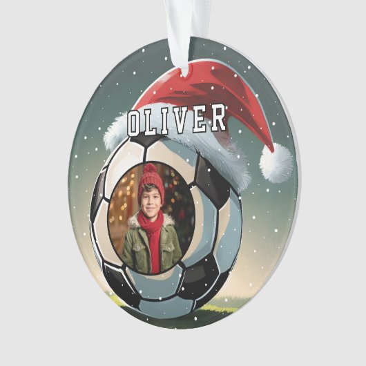Fußball Ball Weihnachtsmannmütze Weihnachts-Foto Ornament (Vorderseite)