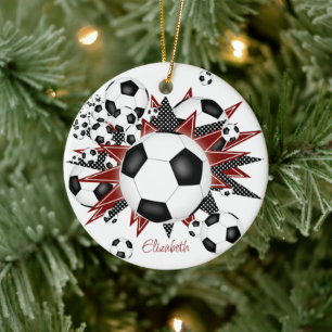 Fußball-Bälle mit schwarzen Maronen-Sternen Mädche Keramik Ornament