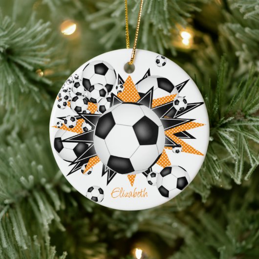 Fußball-Bälle schwarz-orange-Sterne Mädchen Sport Keramik Ornament (Baum)