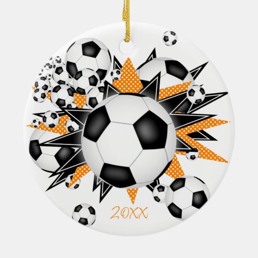 Fußball-Bälle schwarz-orange-Sterne Mädchen Sport Keramik Ornament (Hinten)