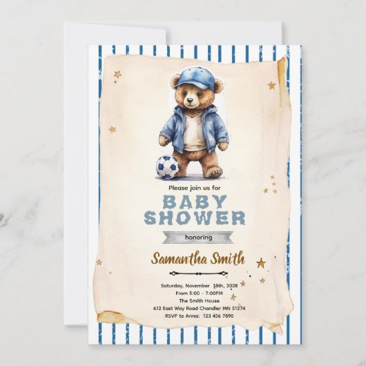 Fußball-Bär-Baby-Shower-Einladung Einladung (Vorderseite)