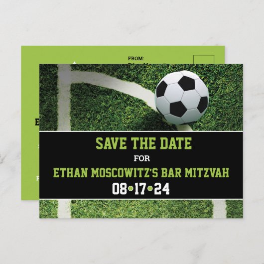 Fußball-Bar Mitzvah-Save the Date-Karte Postkarte (Vorne/Hinten)