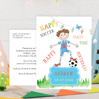 Fußball-Buben Geburtstagsvirtuelles Party bunt Einladungspostkarte