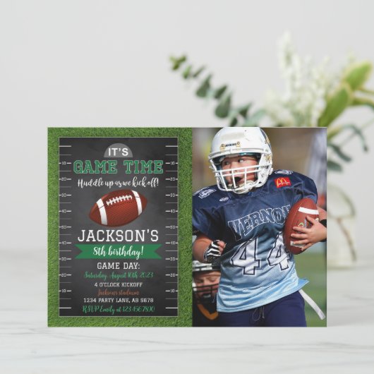 Fußball Geburtstag Foto Einladung Black (Stehend Vorderseite)