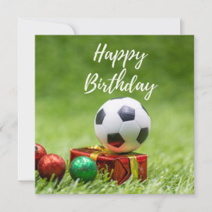 Fußball Geburtstag mit goldener Box Geschenk auf g Feiertagskarte