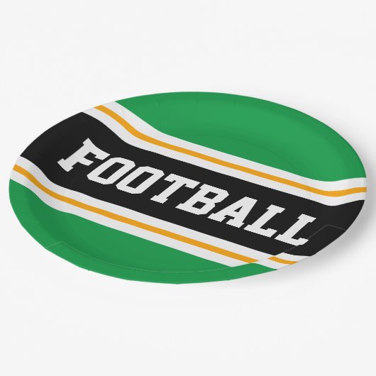 FUSSBALL Hellgrün Schwarz-weiß Gelbe Streifen Pappteller (Schrägansicht)