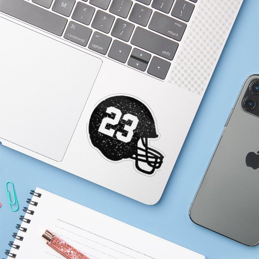 Fußball-Helm-Sondernummer schwarz Aufkleber (Laptop mit iPhone)