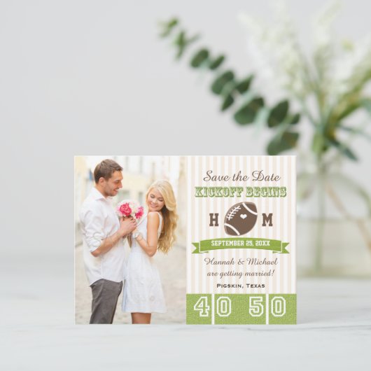 Fußball Hochzeit retten Datum Ankündigungspostkarte (Stehend Vorderseite)