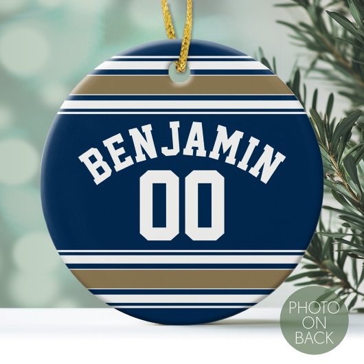 Fußball Jersey Navy Blue Gold Streifen Name Nummer Keramikornament