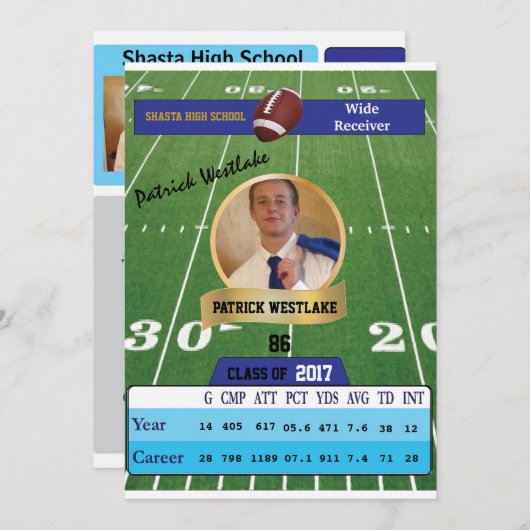 Fußball-Karte W/ Stats Grad Einladungen - blau (Vorne/Hinten)