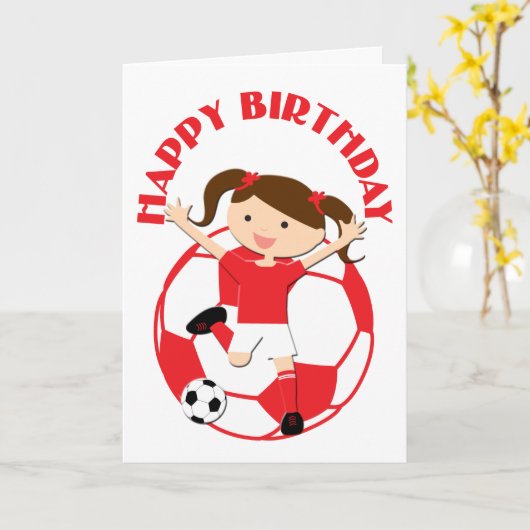 Fußball Mädchen 1 und Ball Rot und Weiß Karte (Gelbe Blume)