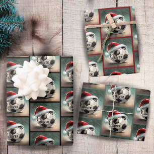 Fußball mit roter Santa-Mütze Name Geschenkpapier Set