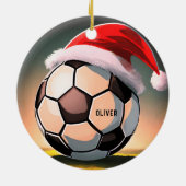 Fußball mit Roter Weihnachtsmannmütze Weihnachten Keramik Ornament (Hinten)