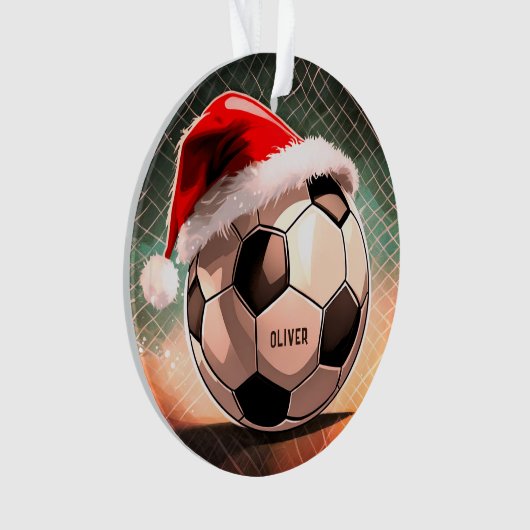 Fußball mit Roter Weihnachtsmannmütze Weihnachten Ornament (Vorderseite)