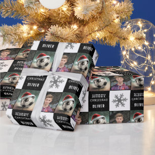 Fußball mit Santa-Hut-Schneeflocken-Foto Geschenkpapier
