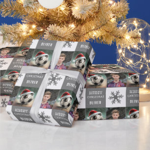 Fußball mit Santa-Hut-Schneeflocken-Foto  Geschenkpapier