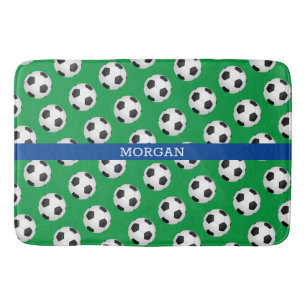 Fußball-Muster, weißer Name, blau und grün Badematte