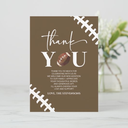 Fußball Oh Boy Brown White Baby Dusche Dankeskarte (Stehend Vorderseite)