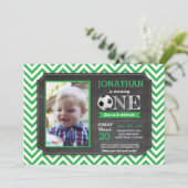 Fußball Party Fußball 1. Geburtstag Foto Einladung (Stehend Vorderseite)