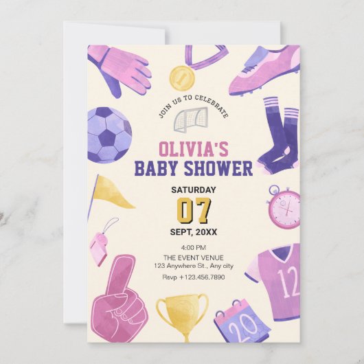 Fußball-Rosa lila Spielbabydusche Einladung (Vorderseite)
