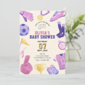 Fußball-Rosa lila Spielbabydusche Einladung (Stehend Vorderseite)