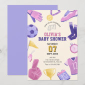 Fußball-Rosa lila Spielbabydusche Einladung (Vorne/Hinten)