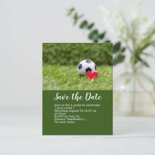 Fußball Save the Date auf Grün mit Liebe Postkarte (Stehend Vorderseite)