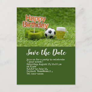 Fußball Save the Date mit Ball auf grünem BURTSTAG Postkarte