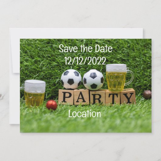 Fußball Save the Date mit Ball und Bier-Party Einladung (Vorderseite)