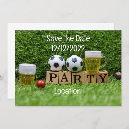 Fußball Save the Date mit Ball und Bier-Party Einladung (Vorne/Hinten)