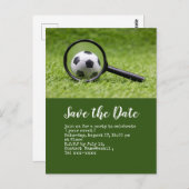 Fußball Save the Date mit dem Ball auf der grünen  Postkarte (Vorne/Hinten)